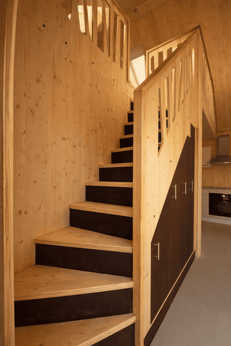 Escalier menant à la mezzanine d'un chalet 50m2 2 pans