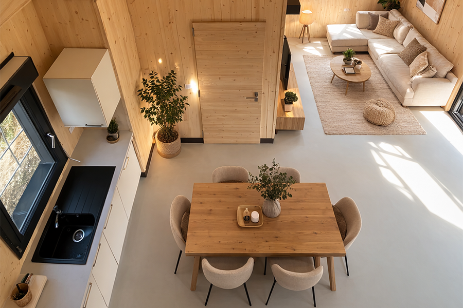 Espace cuisine et séjour de parents solo, chalet Vénus de 50m2 avec mezzanine