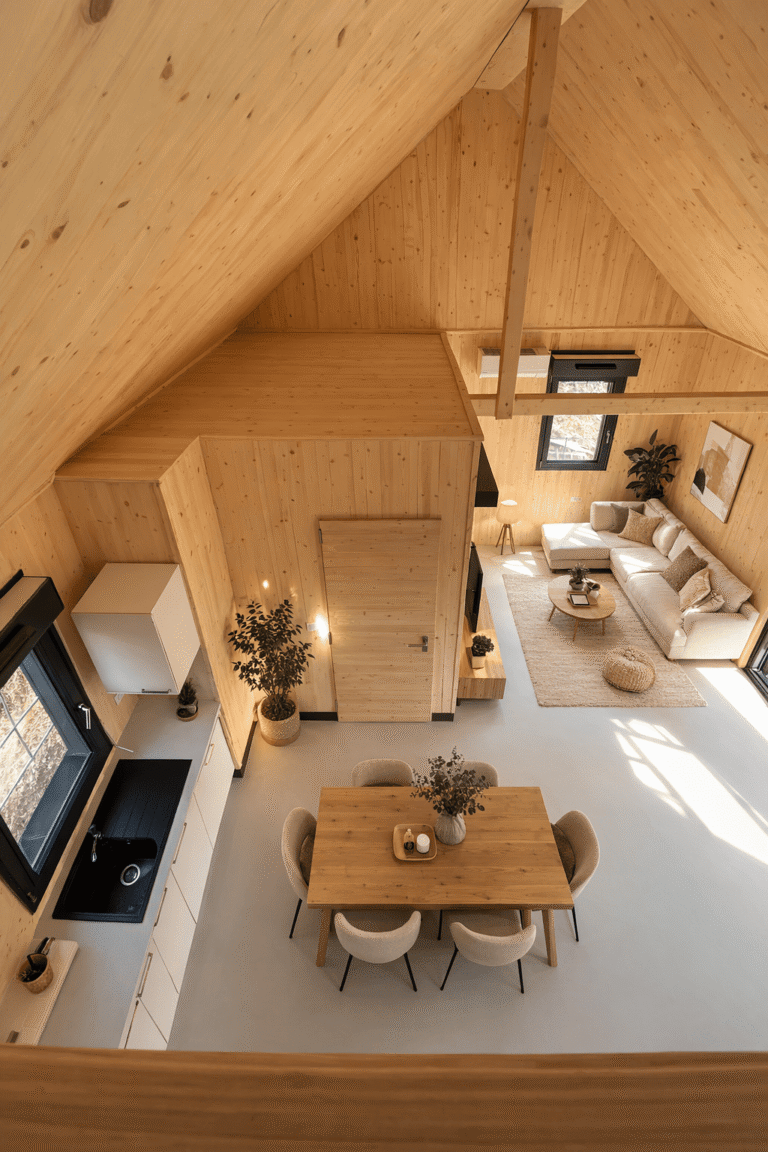 Espace cuisine et séjour de parents solo, chalet Vénus de 50m2 avec mezzanine