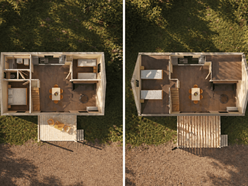 Chalet Vénus 50m2 2 pans vue dessus 3D