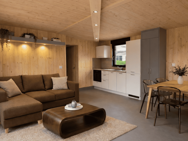 Séjour lumineux et ouvert du chalet Artémis 35m2