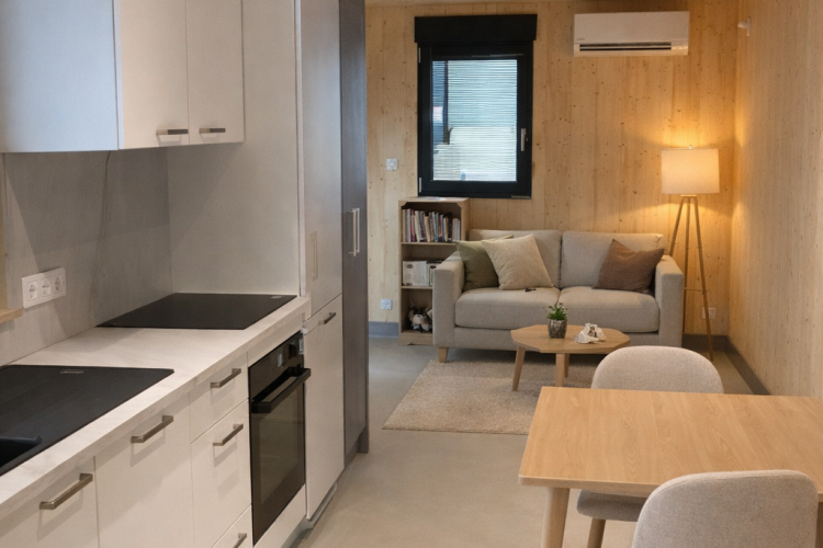 Chalet 21m2 intérieur séjour, cuisine et pièce à vivre