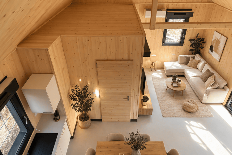 Espace cuisine et séjour de parents solo, chalet Vénus de 50m2 avec mezzanine